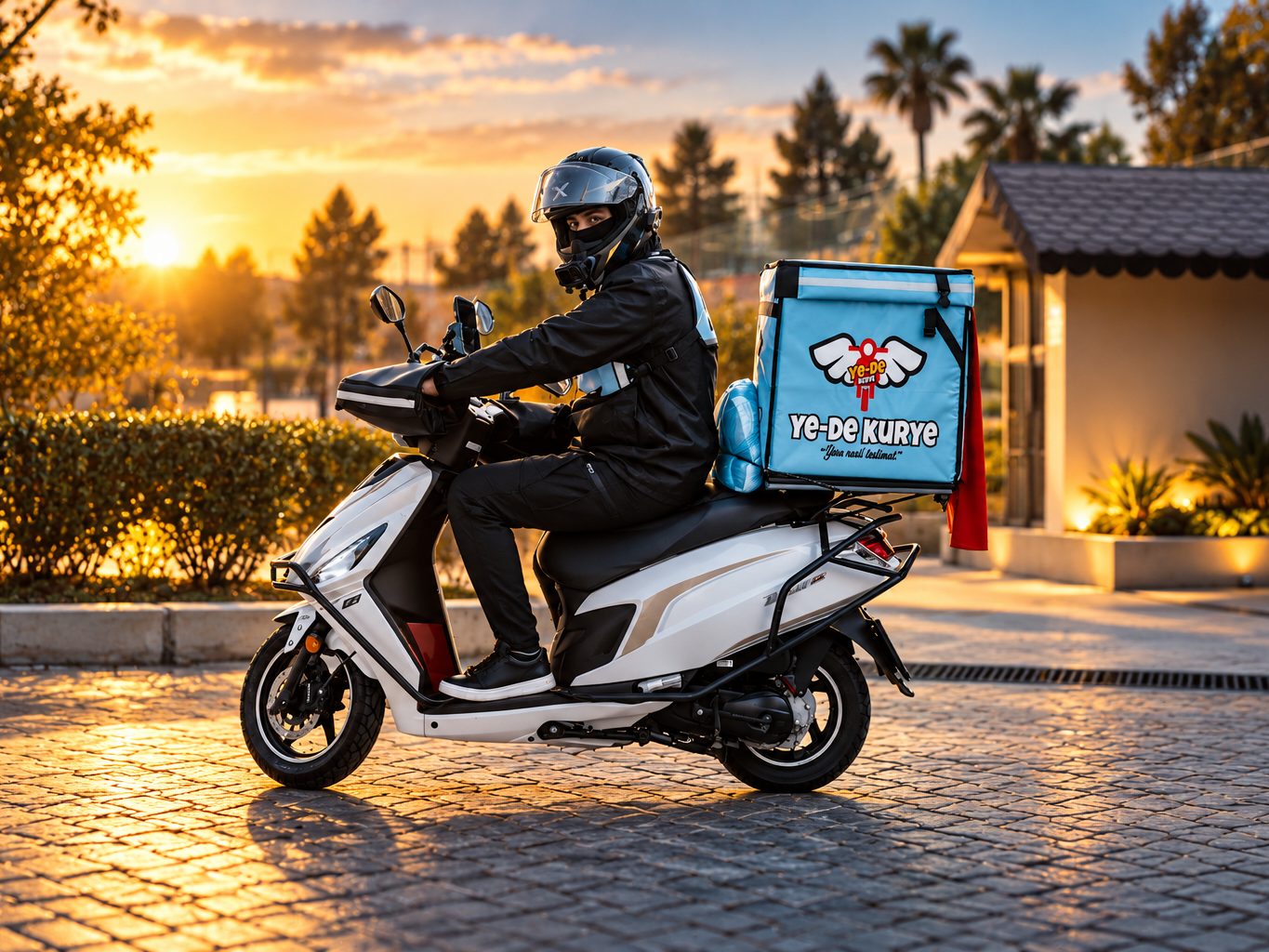 Motosikletinin üstünde bekleyen YEDE KURYE kuryesi